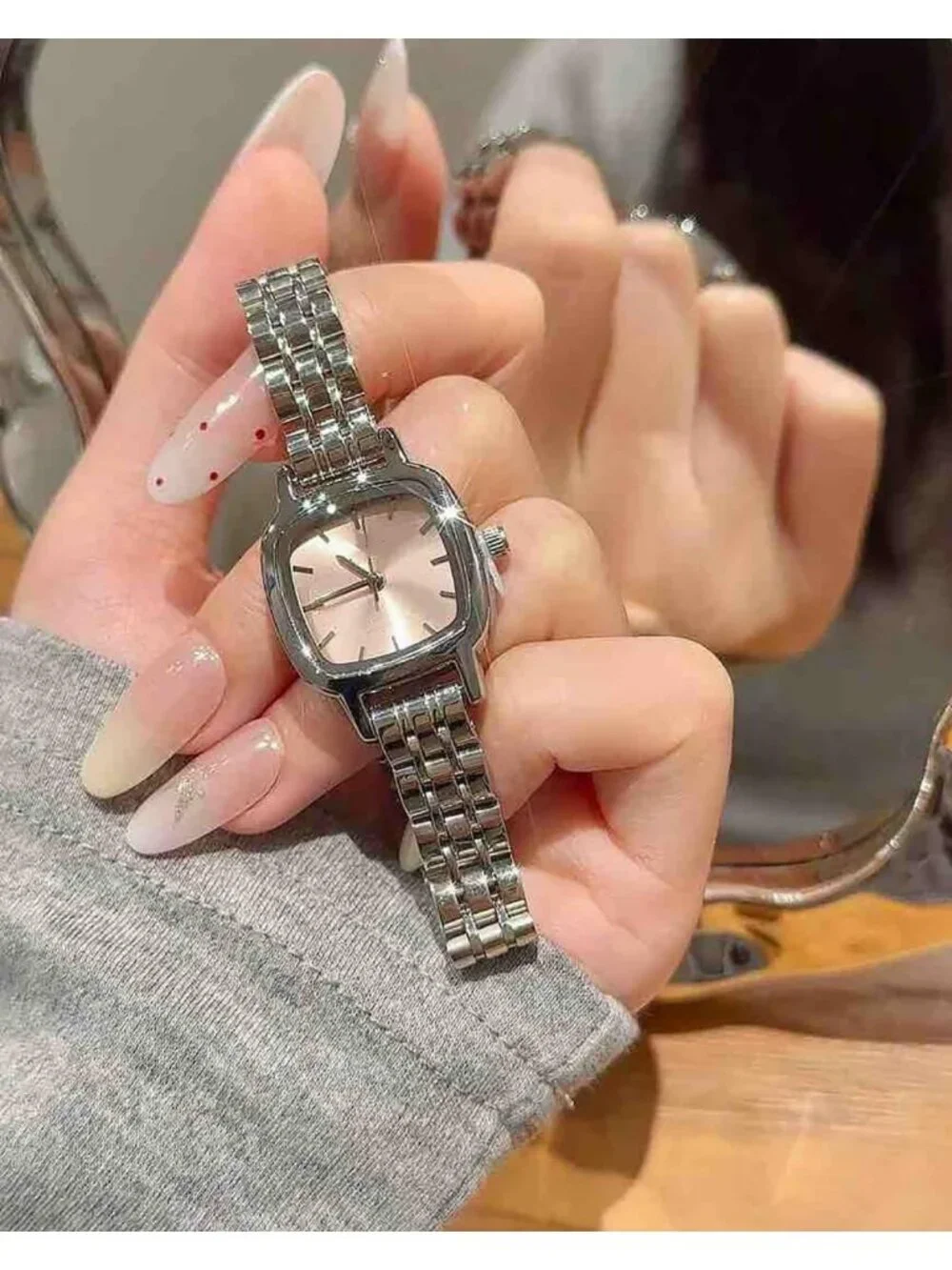 Women's Silver Pink Steel Strap Casual Fashion Simple Square Quartz Wrist Watch
